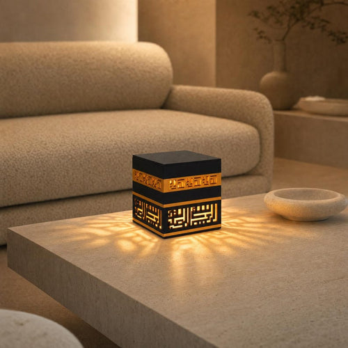 Kaaba Lamp – Black & Gold Islamic Calligraphy Decor (10-inch Cube)